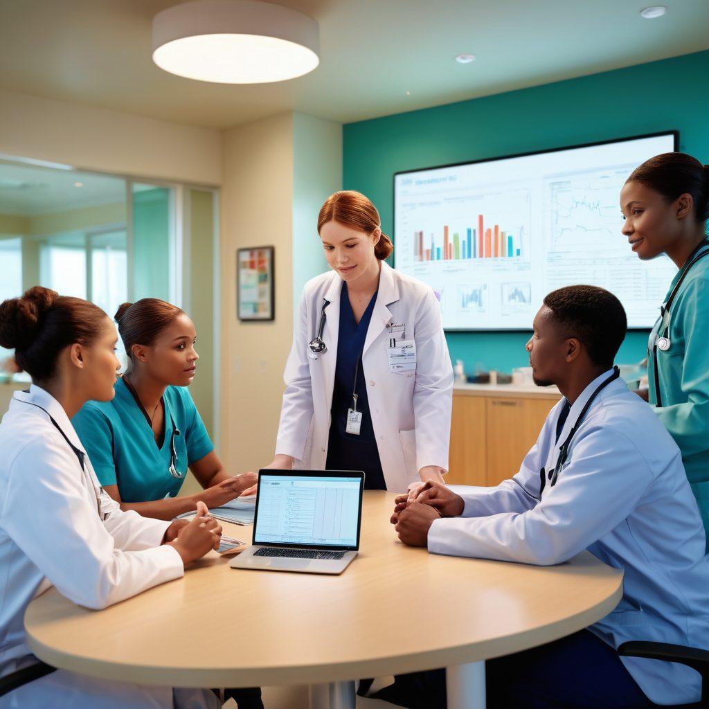 A warm, inviting scene depicting a diverse group of healthcare professionals collaborating in a bright, modern clinic. They are discussing innovative cancer treatment options around a table with a laptop displaying charts and patient care models. In the background, a patient is receiving comforting support from a nurse. The atmosphere is filled with hope, compassion, and advanced medical technology. vibrant colors. super-realistic.