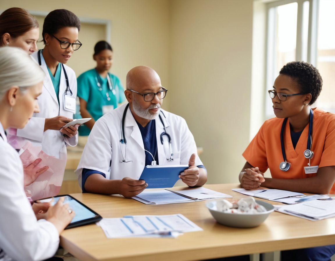 A diverse group of patients engaging in a supportive discussion with healthcare professionals, surrounded by various oncology materials like pamphlets and digital tools, showcasing a balance of hope and empowerment. Bright hospital setting with natural light. Integrate symbols of technology, such as tablets and apps, to emphasize modern resources. super-realistic. vibrant colors. soft focus.